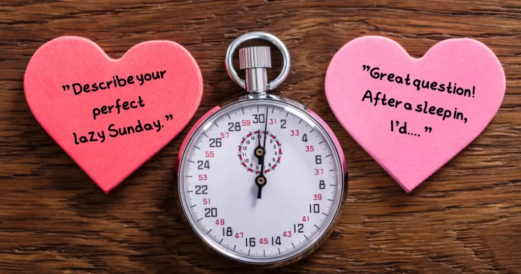 Two hearts either side of stop watch. One with an open-ended question. The other heart answering